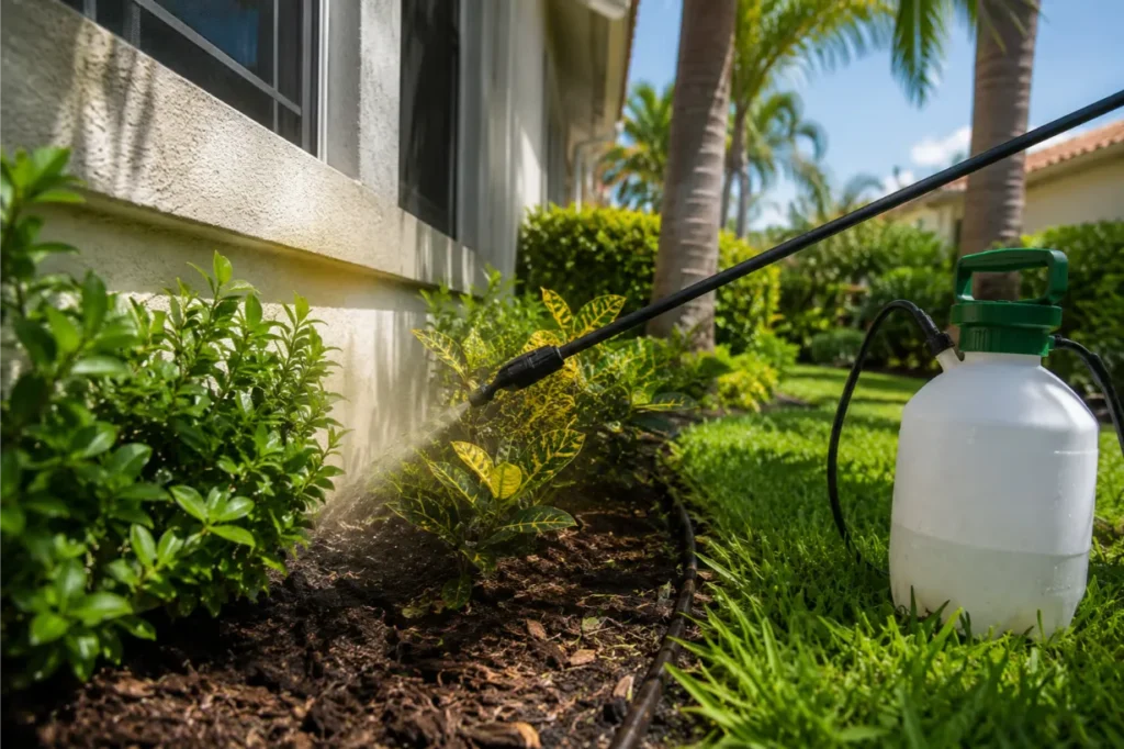 Exterior pest control spray treatment around home foundation and landscaping.